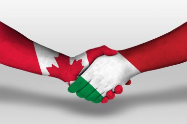 Handshake between italy and canada flags painted on hands, illustration with clipping path.
