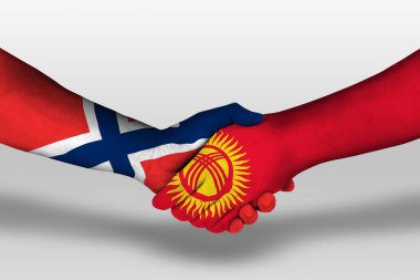 Handshake between kyrgyzstan and norway flags painted on hands, illustration with clipping path.
