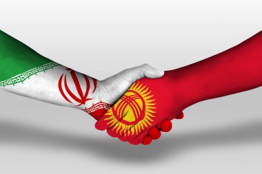 Handshake between kyrgyzstan and iran flags painted on hands, illustration with clipping path.