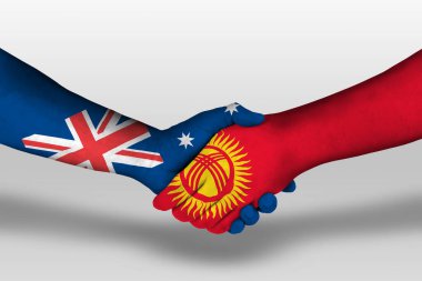 Handshake between kyrgyzstan and australia flags painted on hands, illustration with clipping path.