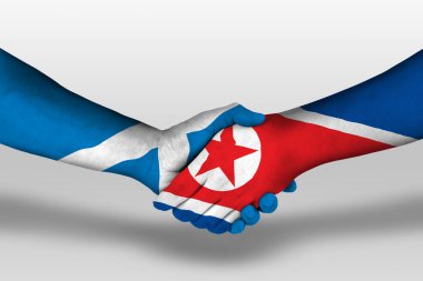 Handshake between north korea and scotland flags painted on hands, illustration with clipping path.