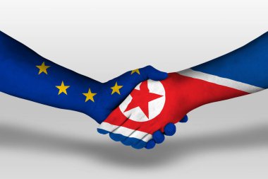 Handshake between north korea and european union flags painted on hands, illustration with clipping path.