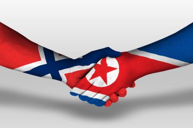 Handshake between north korea and norway flags painted on hands, illustration with clipping path.