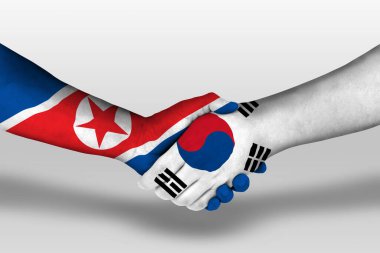 Handshake between south korea and north korea flags painted on hands, illustration with clipping path.