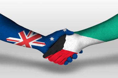 Handshake between kuwait and australia flags painted on hands, illustration with clipping path.