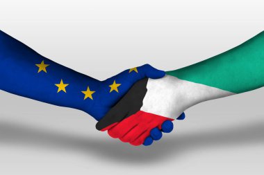 Handshake between kuwait and european union flags painted on hands, illustration with clipping path.