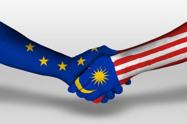 Handshake between malaysia and european union flags painted on hands, illustration with clipping path.