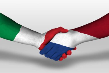 Handshake between netherlands and italy flags painted on hands, illustration with clipping path.
