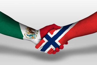 Handshake between norway and mexico flags painted on hands, illustration with clipping path.