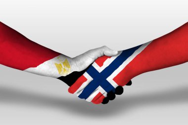 Handshake between norway and egypt flags painted on hands, illustration with clipping path.