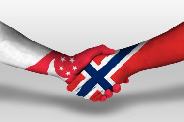 Handshake between norway and singapore flags painted on hands, illustration with clipping path.