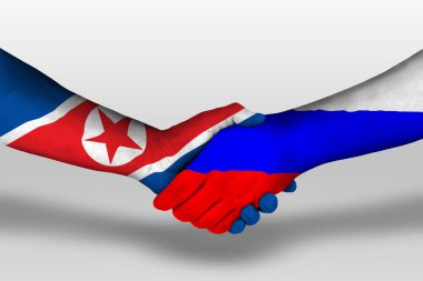 Handshake between russia and north korea flags painted on hands, illustration with clipping path.