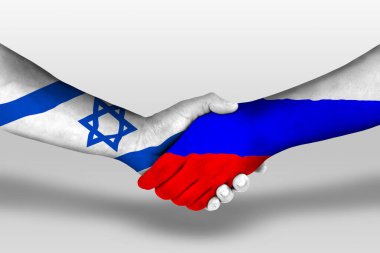 Handshake between russia and israel flags painted on hands, illustration with clipping path.