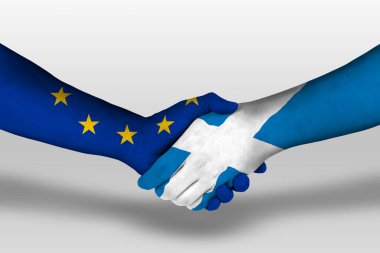 Handshake between scotland and european union flags painted on hands, illustration with clipping path.