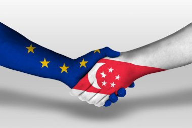Handshake between singapore and european union flags painted on hands, illustration with clipping path.