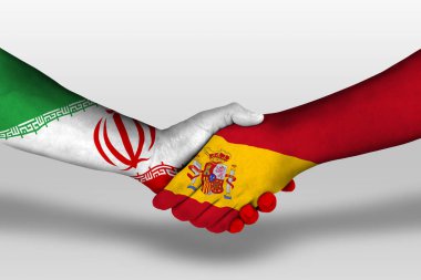 Ellerinde İspanya ve İran bayrakları arasında el sıkışma, kırpma yolu ile resimleme.