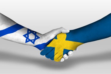 Handshake between sweden and israel flags painted on hands, illustration with clipping path.