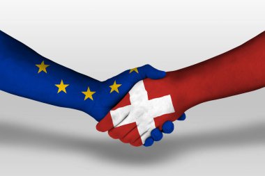 Handshake between switzerland and european union flags painted on hands, illustration with clipping path.
