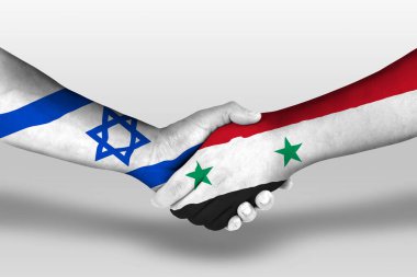 Handshake between syria and israel flags painted on hands, illustration with clipping path.