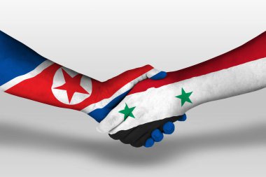 Handshake between syria and north korea flags painted on hands, illustration with clipping path.