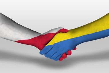 Handshake between ukraine and poland flags painted on hands, illustration with clipping path. clipart