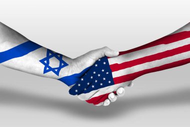 Handshake between united states of america and israel flags painted on hands, illustration with clipping path.