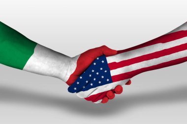 Handshake between united states of america and italy flags painted on hands, illustration with clipping path.