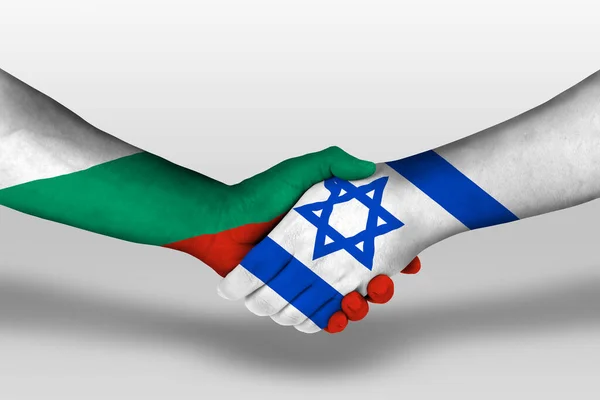 Handshake between israel and bulgaria flags painted on hands, illustration with clipping path.