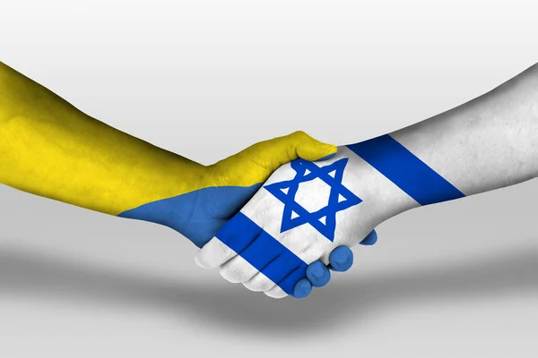 Handshake between israel and ukraine flags painted on hands, illustration with clipping path.