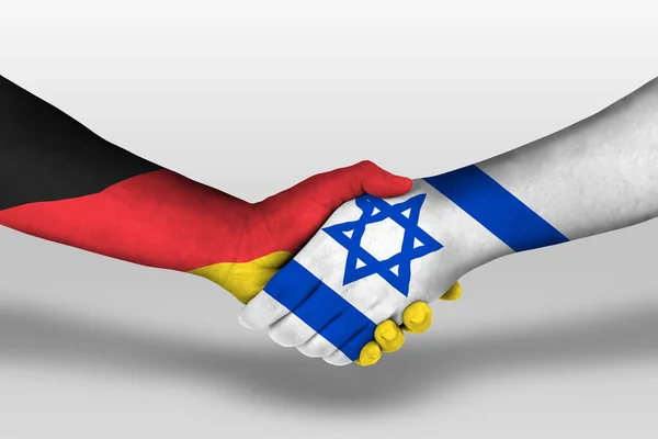 Handshake between israel and germany flags painted on hands, illustration with clipping path.