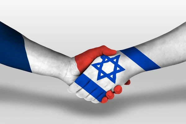 Χειραψία Μεταξύ Israel Και Της Γαλλίας Σημαίες Ζωγραφισμένα Στα Χέρια — Φωτογραφία Αρχείου