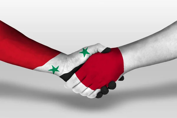 Handshake Japan Syria Flags Painted Hands Illustration Clipping Path — Stock Photo, Image