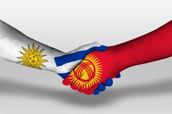 Handshake Kyrgyzstan Uruguay Flags Painted Hands Illustration Clipping Path — Fotografia de Stock