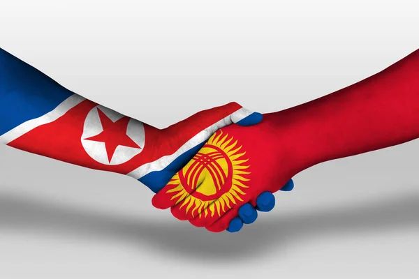 Aperto Mão Entre Quirguistão Bandeiras Coreia Norte Pintadas Mãos Ilustração — Fotografia de Stock