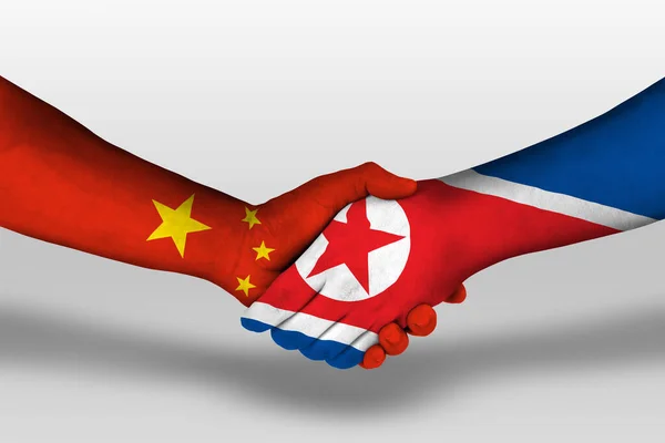 Handshake North Korea China Flags Painted Hands Illustration Clipping Path — Fotografia de Stock