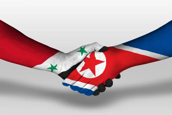 Handshake North Korea Syria Flags Painted Hands Illustration Clipping Path — Fotografia de Stock