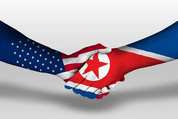 北朝鮮とアメリカ合衆国の間の握手手に描かれたアメリカの旗 クリッピングパスとイラスト — ストック写真