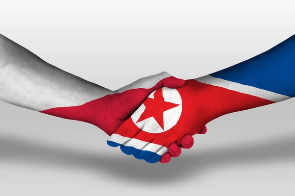 Aperto Mão Entre Coreia Norte Bandeiras Pólvora Pintadas Mãos Ilustração — Fotografia de Stock