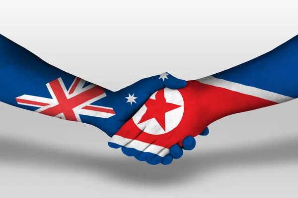 Aperto Mão Entre Coréia Norte Austrália Bandeiras Pintadas Mãos Ilustração — Fotografia de Stock