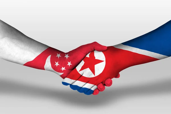 Stretta Mano Tra Nord Corea Bandiere Singapore Dipinte Mani Illustrazione — Foto Stock