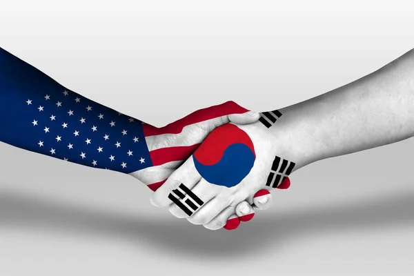 Handshake South Korea United States America Flags Painted Hands Illustration — Stock Photo, Image