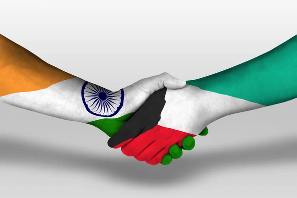 Handslag Mellan Kuwait Och India Flaggor Målade Händer Illustration Med — Stockfoto