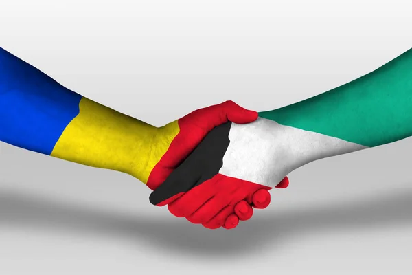 Apretón Manos Entre Kuwait Romania Banderas Pintadas Las Manos Ilustración —  Fotos de Stock