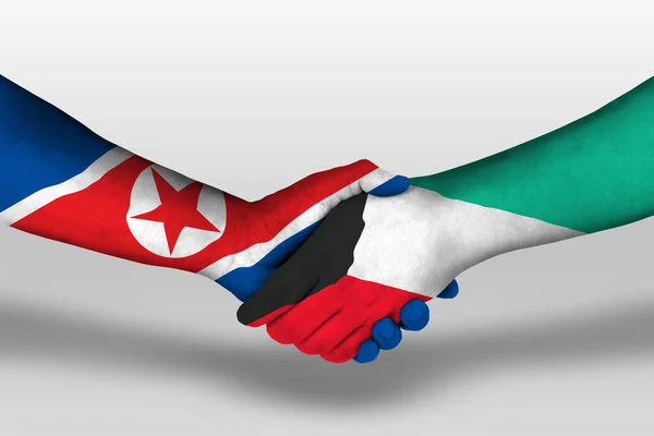 Stock image Handshake between kuwait and north korea flags painted on hands, illustration with clipping path.