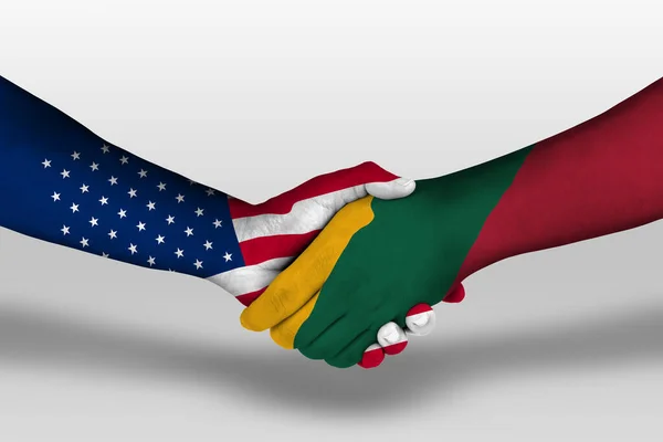 Apretón Manos Entre Lituanía Los Estados Unidos Las Banderas América — Foto de Stock