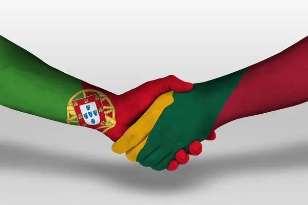Potřesení Rukou Mezi Lituánií Portugalskými Vlajkami Namalovanými Rukou Ilustrace Oříznutou — Stock fotografie