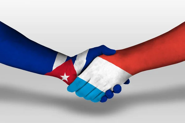 Рукостискання Між Прапорами Люксембургу Куба Намальованими Руках Ілюстрація Відсічним Контуром — стокове фото