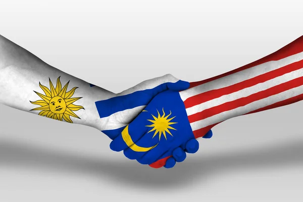 Handshake Malaysia Uruguay Flags Painted Hands Illustration Clipping Path — Photo