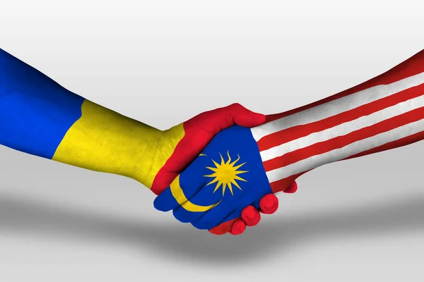 Handshake Malaysia Romania Flags Painted Hands Illustration Clipping Path — Stock Photo, Image