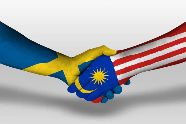 Handshake Malaysia Sweden Flags Painted Hands Illustration Clipping Path — Stockfoto